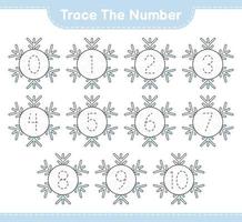 Trace the number. Tracing number with Snowflake. Educational children game, printable worksheet, vector illustration