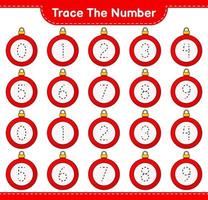 Trace the number. Tracing number with Christmas Ball. Educational children game, printable worksheet, vector illustration