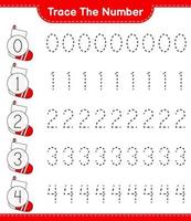 Trace the number. Tracing number with Christmas Sock. Educational children game, printable worksheet, vector illustration