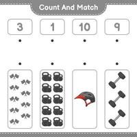 Count and match, count the number of Dumbbell, Racing Flags, Bicycle Helmet and match with the right numbers. Educational children game, printable worksheet, vector illustration