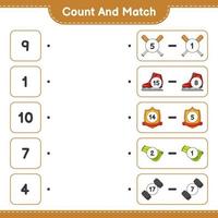 Count and match, count the number of Ice Skates, Whistle, Dumbbell, Baseball Bat, Trophy and match with the right numbers. Educational children game, printable worksheet, vector illustration