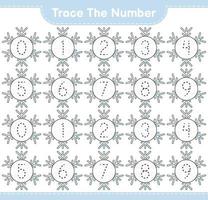 Trace the number. Tracing number with Snowflake. Educational children game, printable worksheet, vector illustration