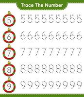 Trace the number. Tracing number with Christmas Ball. Educational children game, printable worksheet, vector illustration