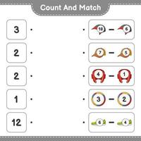 Count and match, count the number of Helmet, Gloves, Cap Hat, Volleyball, Sneaker and match with the right numbers. Educational children game, printable worksheet, vector illustration