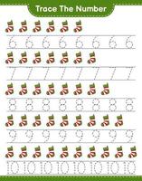 Trace the number. Tracing number with Christmas Sock. Educational children game, printable worksheet, vector illustration