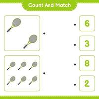 Count and match, count the number of Tennis Racket and match with the right numbers. Educational children game, printable worksheet, vector illustration
