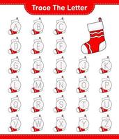 Trace the letter. Tracing letter alphabet with Christmas Sock. Educational children game, printable worksheet, vector illustration