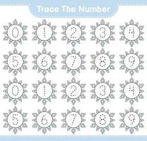 Trace the number. Tracing number with Snowflake. Educational children game, printable worksheet, vector illustration