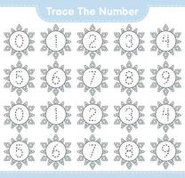 Trace the number. Tracing number with Snowflake. Educational children game, printable worksheet, vector illustration