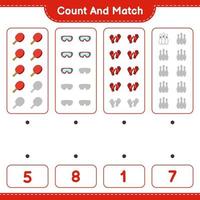 Count and match, count the number of Bowling Pin, Goggle, Ping Pong Racket, Goalkeeper Gloves and match with the right numbers. Educational children game, printable worksheet, vector illustration