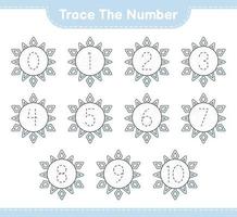 Trace the number. Tracing number with Snowflake. Educational children game, printable worksheet, vector illustration