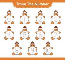 Trace the number. Tracing number with Gingerbread Man. Educational children game, printable worksheet, vector illustration