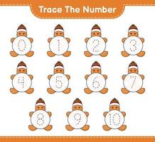 Trace the number. Tracing number with Gingerbread Man. Educational children game, printable worksheet, vector illustration