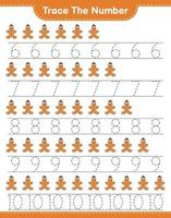 Trace the number. Tracing number with Gingerbread Man. Educational children game, printable worksheet, vector illustration