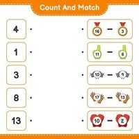 Count and match, count the number of Foam Finger, Trophy, Flags, Gloves, Golf Gloves and match with the right numbers. Educational children game, printable worksheet, vector illustration