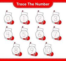 Trace the number. Tracing number with Christmas Sock. Educational children game, printable worksheet, vector illustration