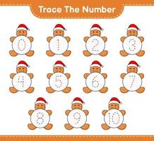 Trace the number. Tracing number with Gingerbread Man. Educational children game, printable worksheet, vector illustration