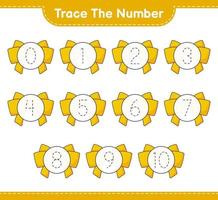 Trace the number. Tracing number with Ribbon. Educational children game, printable worksheet, vector illustration