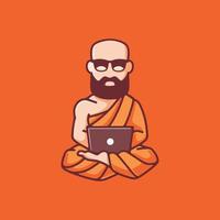 Cool Techy Monk Cartoon Holding Laptop vector