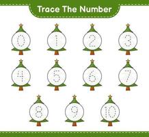 Trace the number. Tracing number with Christmas Tree. Educational children game, printable worksheet, vector illustration