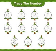 Trace the number. Tracing number with Christmas Tree. Educational children game, printable worksheet, vector illustration