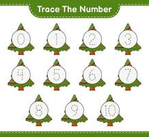 Trace the number. Tracing number with Christmas Tree. Educational children game, printable worksheet, vector illustration