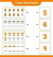 Count and match, count the number of Trophy, Running Shoes, Badminton Rackets and match with the right numbers. Educational children game, printable worksheet, vector illustration