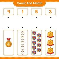 Count and match, count the number of Stopwatch, Trophy, Volleyball and match with the right numbers. Educational children game, printable worksheet, vector illustration