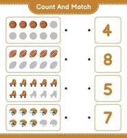 Count and match, count the number of Hockey Helmet, Roller Skate, Basketball, Soccer Ball and match with the right numbers. Educational children game, printable worksheet, vector illustration