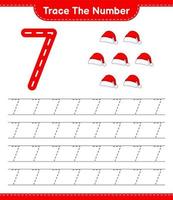 Trace the number. Tracing number with Santa Hat. Educational children game, printable worksheet, vector illustration