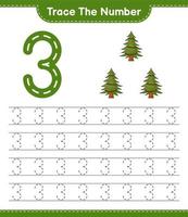 Trace the number. Tracing number with Christmas Tree. Educational children game, printable worksheet, vector illustration