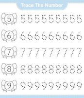 Trace the number. Tracing number with Ribbon. Educational children game, printable worksheet, vector illustration