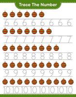 Trace the number. Tracing number with Christmas Ball. Educational children game, printable worksheet, vector illustration