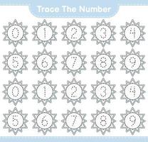 Trace the number. Tracing number with Snowflake. Educational children game, printable worksheet, vector illustration