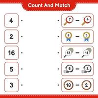 Count and match, count the number of Racket, Basketball, Trophy, Helmet and match with the right numbers. Educational children game, printable worksheet, vector illustration