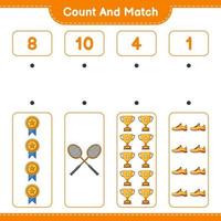 Count and match, count the number of Trophy, Running Shoes, Badminton Rackets and match with the right numbers. Educational children game, printable worksheet, vector illustration