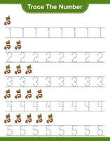 Trace the number. Tracing number with Christmas Sock. Educational children game, printable worksheet, vector illustration