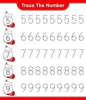 Trace the number. Tracing number with Christmas Sock. Educational children game, printable worksheet, vector illustration