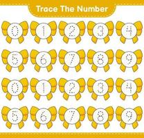 Trace the number. Tracing number with Ribbon. Educational children game, printable worksheet, vector illustration