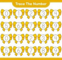 Trace the number. Tracing number with Ribbon. Educational children game, printable worksheet, vector illustration