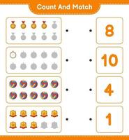 Count and match, count the number of Stopwatch, Trophy, Volleyball and match with the right numbers. Educational children game, printable worksheet, vector illustration