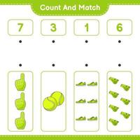 Count and match, count the number of Foam Finger, Whistle, Tennis Ball, Sneaker and match with the right numbers. Educational children game, printable worksheet, vector illustration