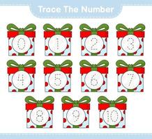 Trace the number. Tracing number with Gift Box. Educational children game, printable worksheet, vector illustration
