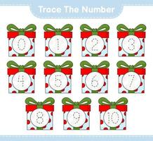 Trace the number. Tracing number with Gift Box. Educational children game, printable worksheet, vector illustration