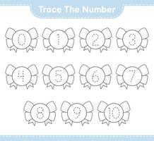 Trace the number. Tracing number with Ribbon. Educational children game, printable worksheet, vector illustration