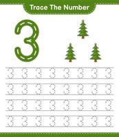 Trace the number. Tracing number with Christmas Tree. Educational children game, printable worksheet, vector illustration