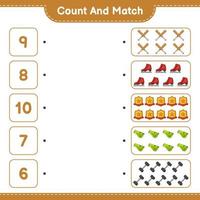 Count and match, count the number of Ice Skates, Whistle, Dumbbell, Baseball Bat, Trophy and match with the right numbers. Educational children game, printable worksheet, vector illustration