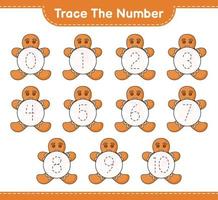 Trace the number. Tracing number with Gingerbread Man. Educational children game, printable worksheet, vector illustration