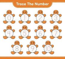 Trace the number. Tracing number with Gingerbread Man. Educational children game, printable worksheet, vector illustration