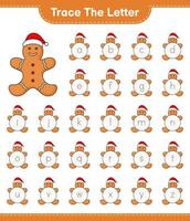 Trace the letter. Tracing letter alphabet with Gingerbread Man. Educational children game, printable worksheet, vector illustration